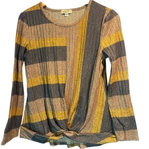 One World Small Knit Top Mustard Tan Charcoal Striped Knot Waist Knit